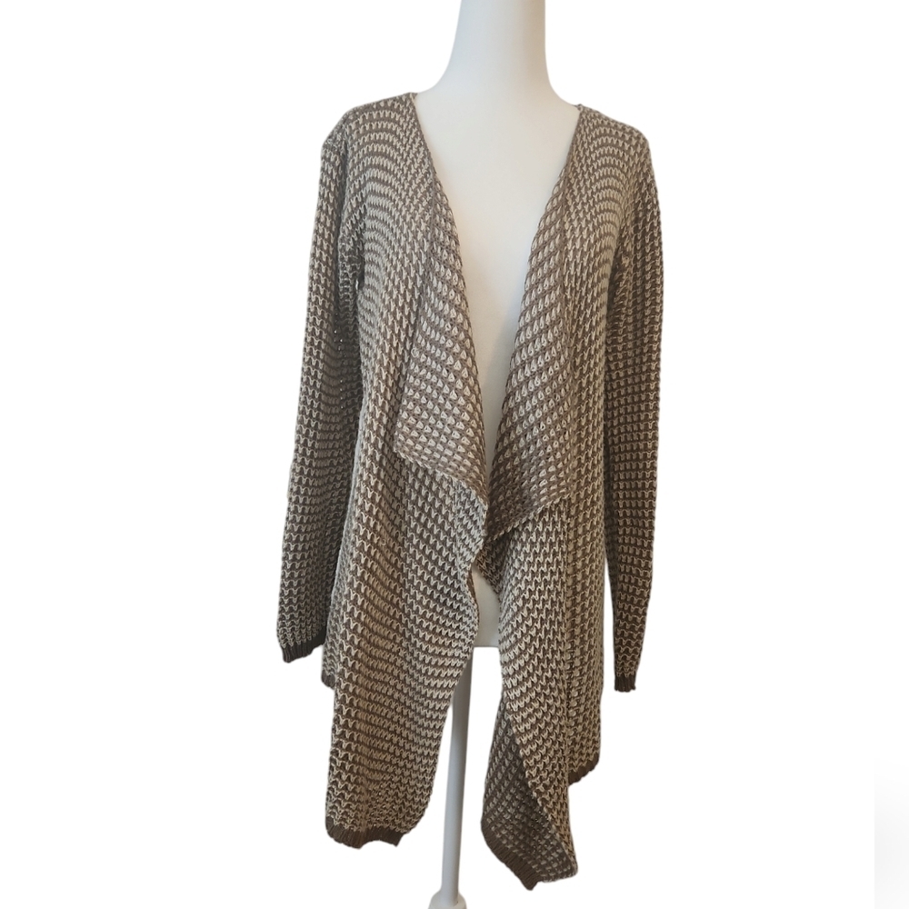 Waffle Knit Open Front Long Sleeve Tan And Cream Sweater S